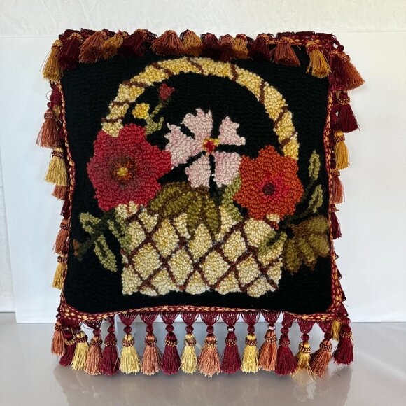 Vtg MCM Hand Hooked Wool Throw Toss Pillow Flower Basket 17x17" Cushion Tasseled - Picture 10 of 16